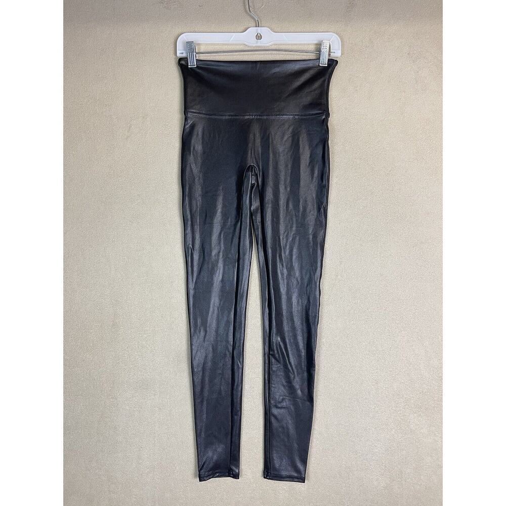 Spanx Pants Womens Medium Black Faux Leather Leggings Mid Rise Adult